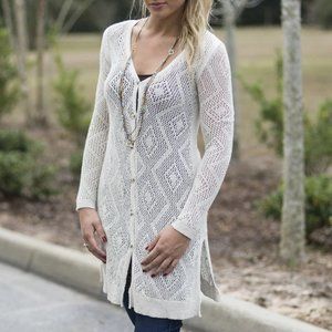 RARE Free People Natural Color Diamond Crochet Knit Long Cardigan Duster
